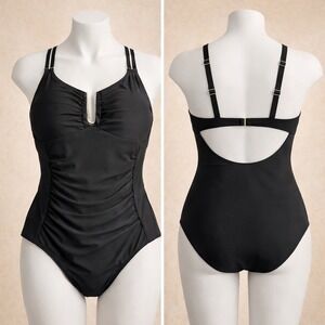Black Ruched One Piece Swimsuit NEW Deep V Gold Hardware Tummy Control-‎ Medium